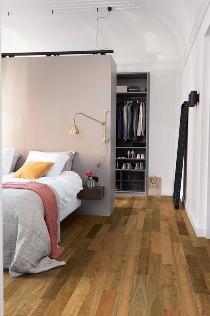Modern bedroom with a Murphy bed, wooden floor, and closet.