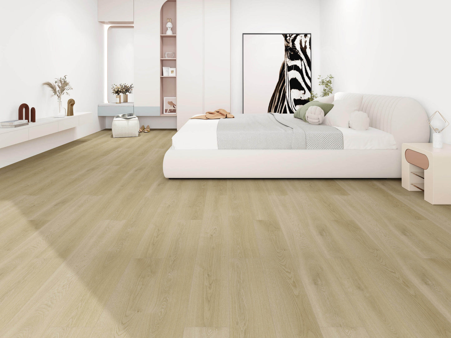 Modern bedroom with light wood flooring, white furniture, and decorative elements.