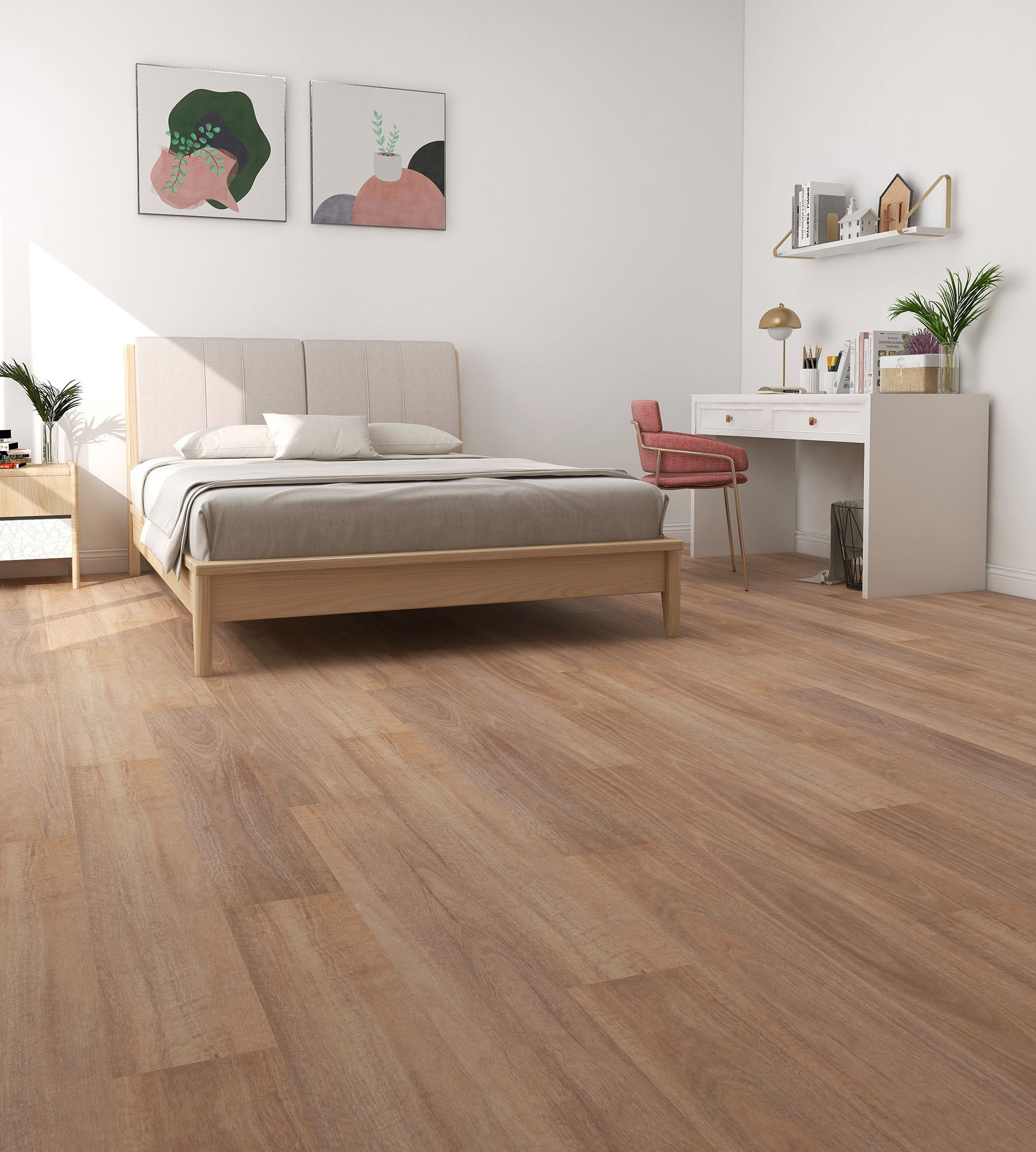 Modern bedroom with wooden floor, bed, desk, and decor