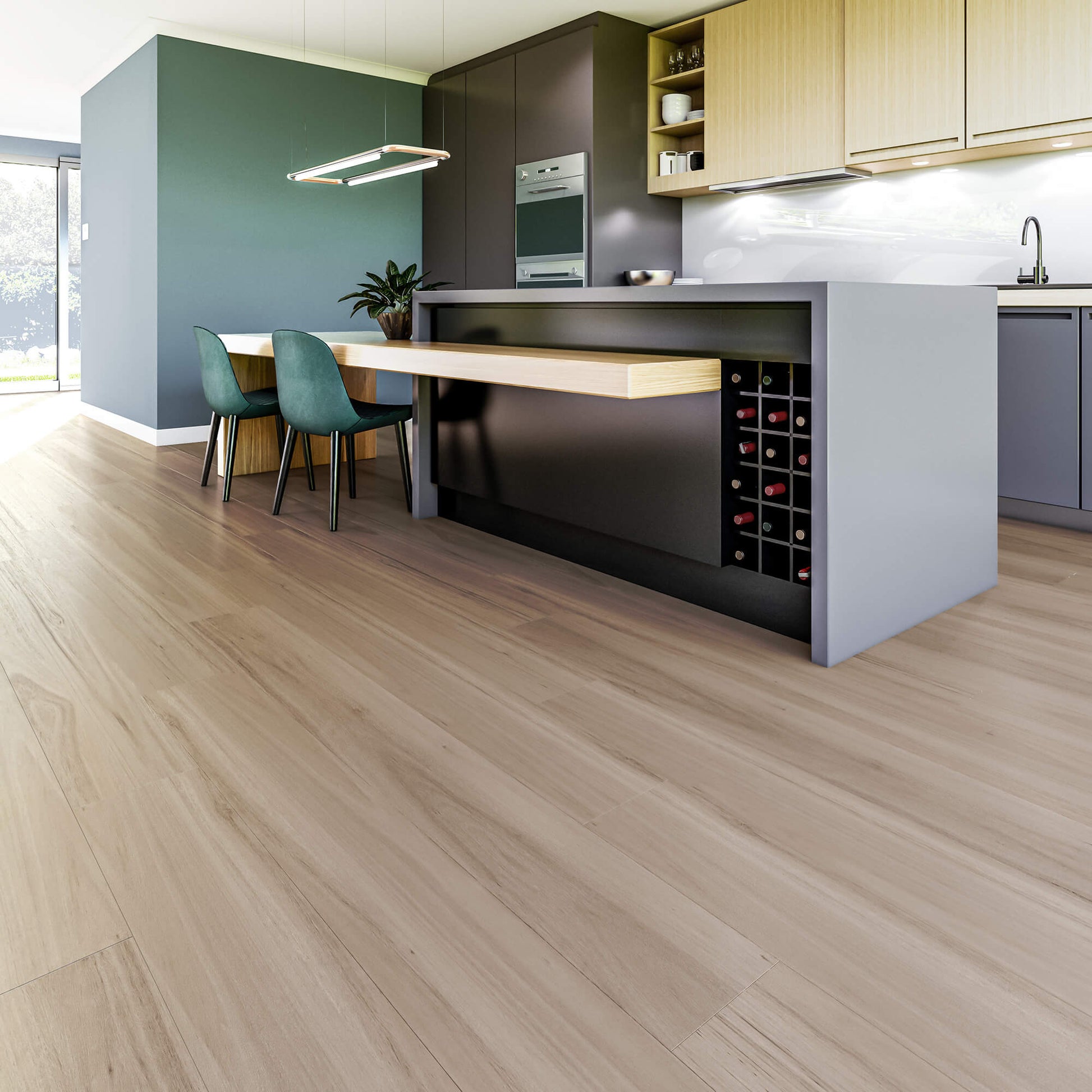 Modern kitchen with wooden flooring, island, and cabinetry.