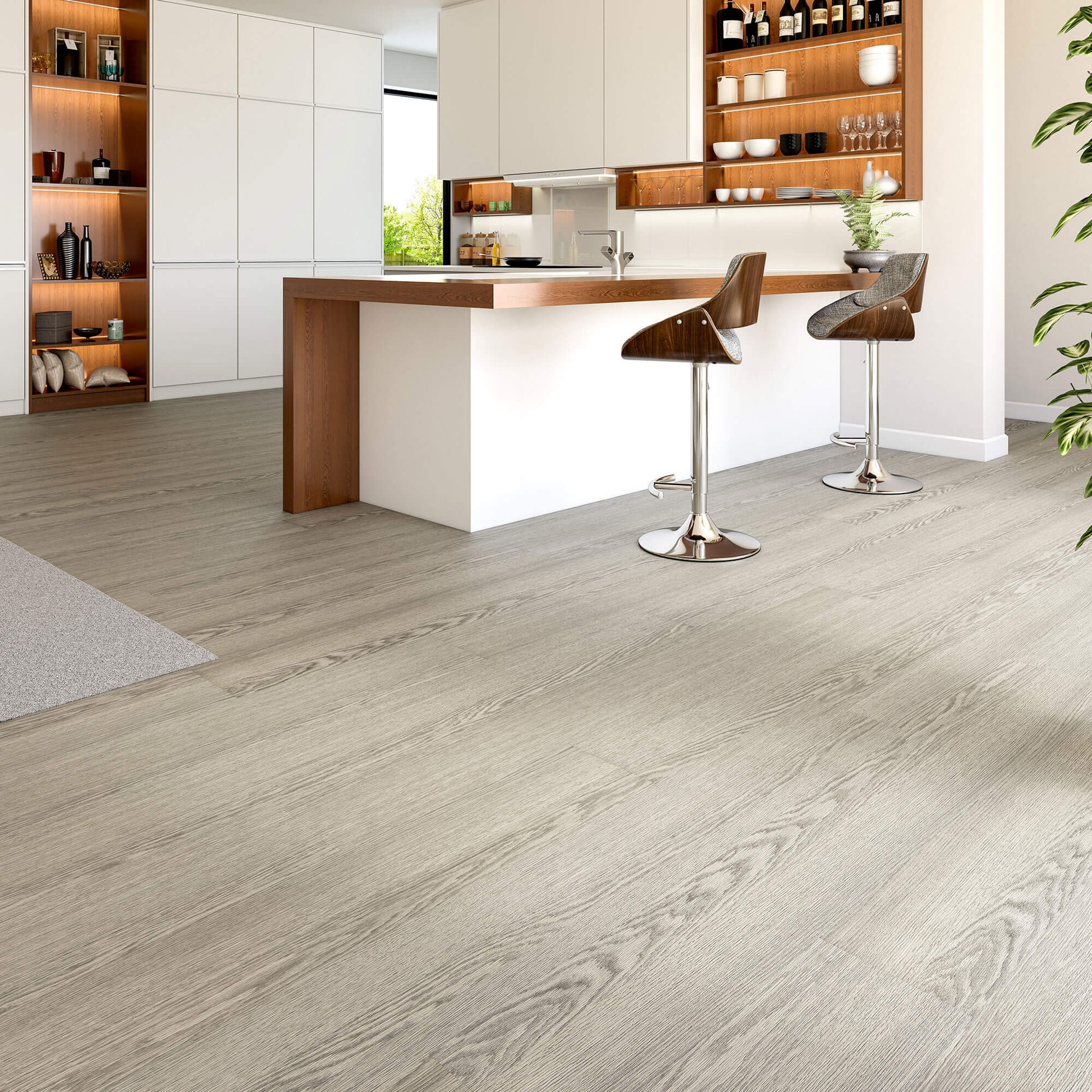 Modern kitchen with wooden floor and bar stools