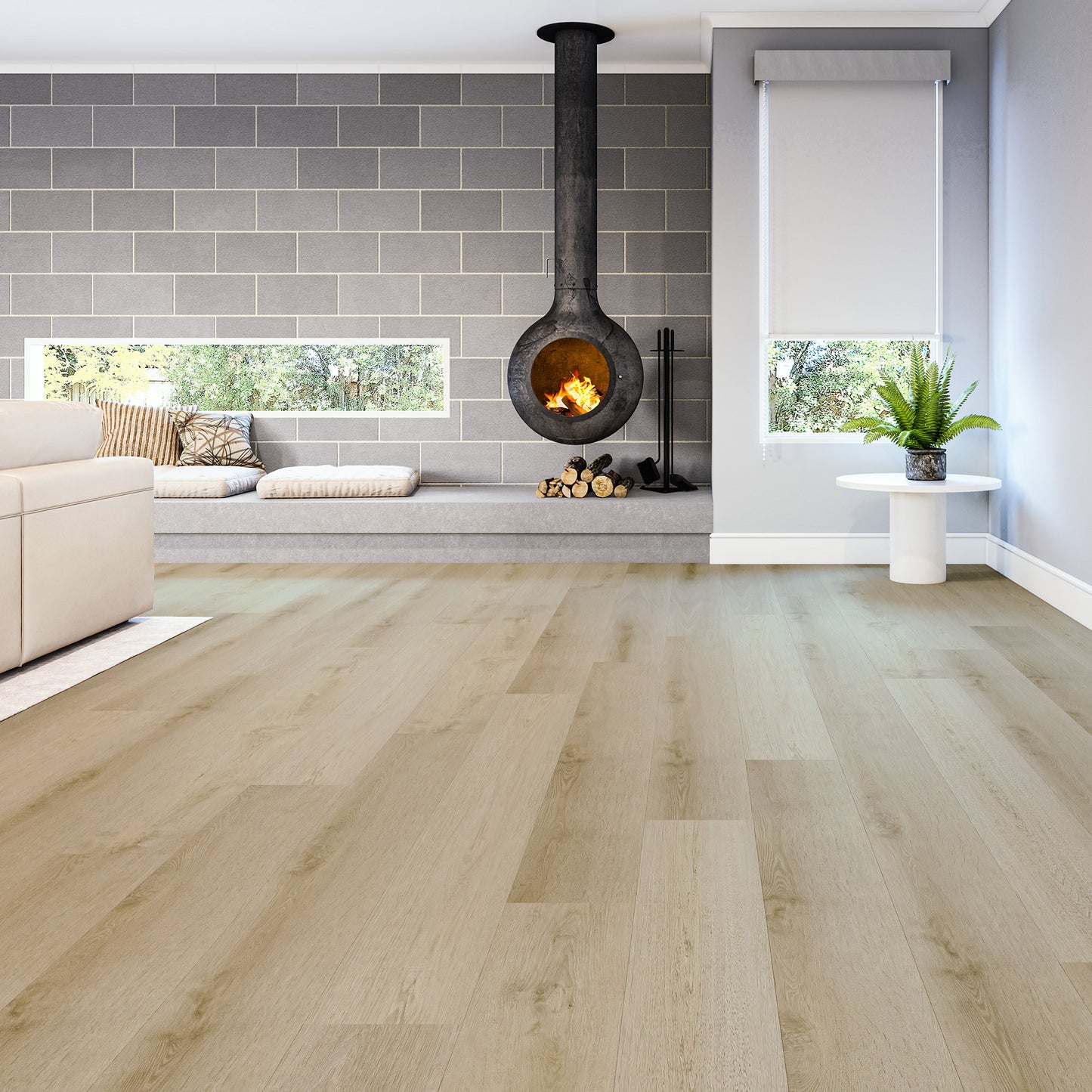 Modern living room with a fireplace and wooden flooring