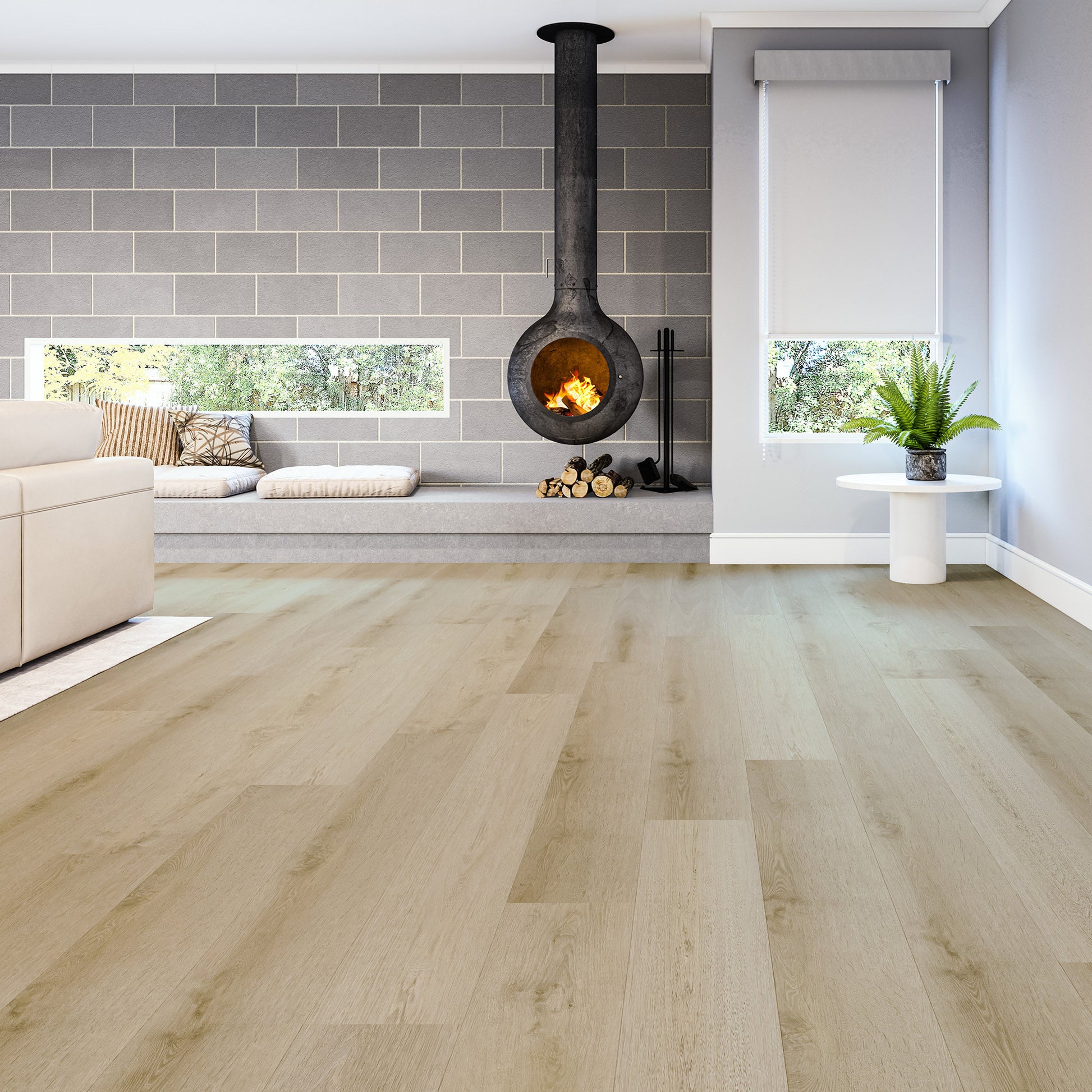Modern living room with a fireplace and wooden flooring